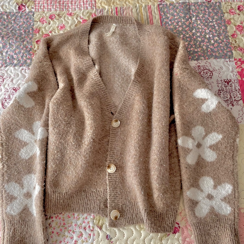 Floral Sleeve Cardigan Sweater - Taupe